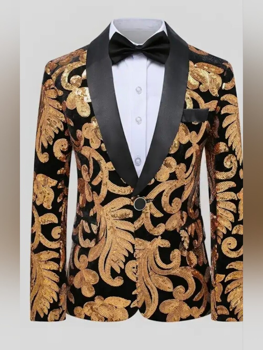 SWOTGdoby Gold & Black Sequin Tuxedo Blazer Metric Height Sz-140 (US 10-12 Boys)